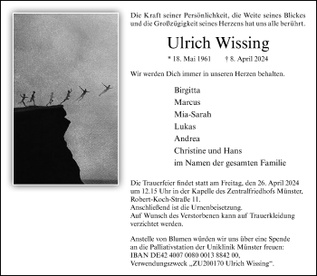 Anzeige von Ulrich Wissing 