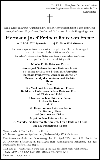 Anzeige von Hermann Josef Freiherr Raitz von Frentz 