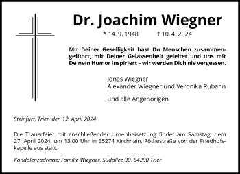 Anzeige von Dr. Joachim Wiegner 
