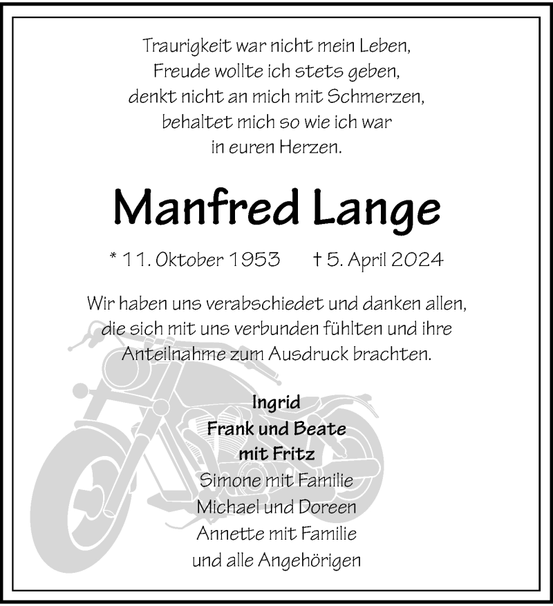  Traueranzeige für Manfred Lange vom 27.04.2024 aus 