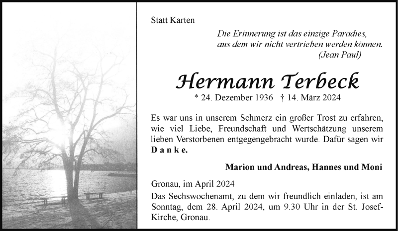  Traueranzeige für Hermann Terbeck vom 24.04.2024 aus 