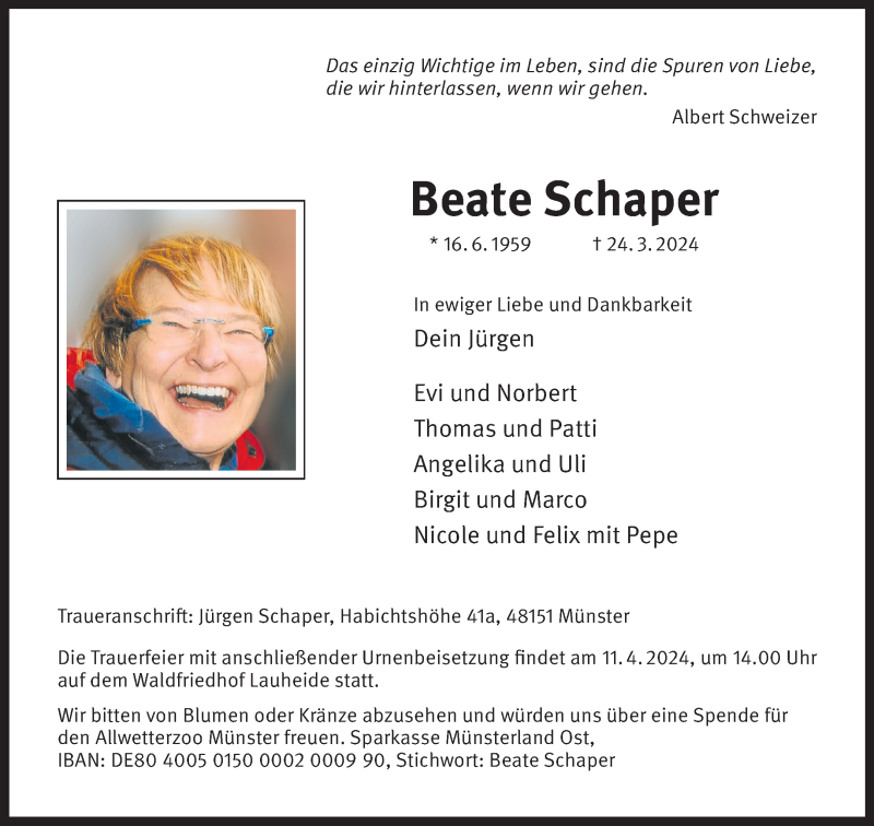  Traueranzeige für Beate Schaper vom 06.04.2024 aus 