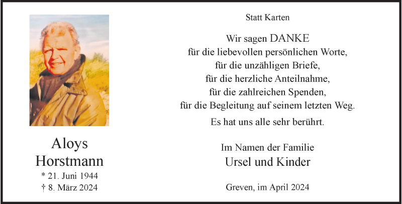  Traueranzeige für Aloys Horstmann vom 13.04.2024 aus 