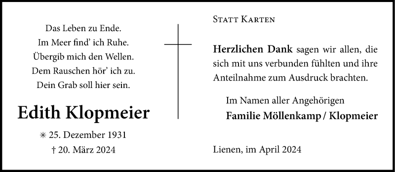  Traueranzeige für Edith Klopmeier vom 20.04.2024 aus 