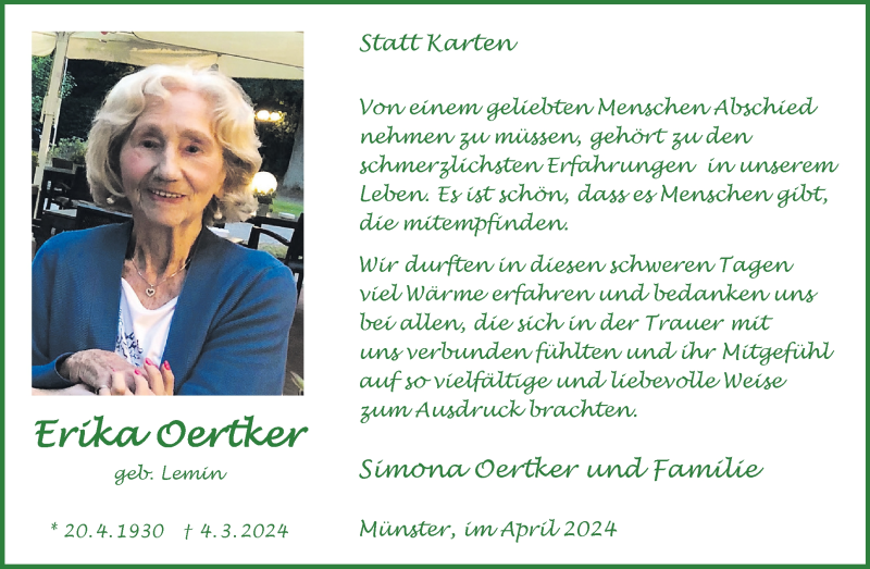  Traueranzeige für Erika Oertker vom 13.04.2024 aus 
