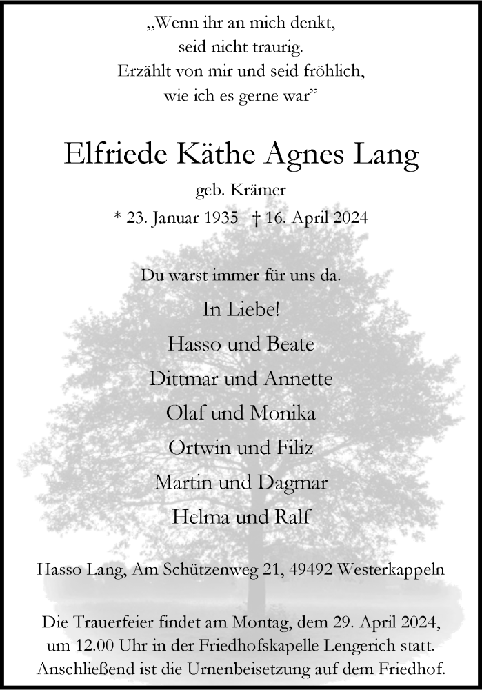  Traueranzeige für Elfriede Käthe Agnes Lang vom 20.04.2024 aus 