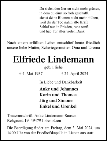 Anzeige von Elfriede Lindemann 