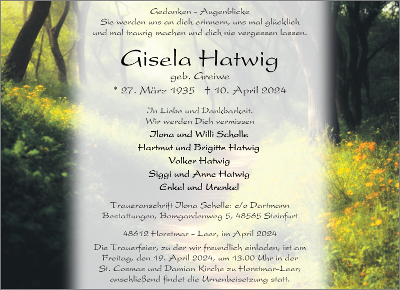 Traueranzeige für Gisela Hatwig vom 17.04.2024 aus 