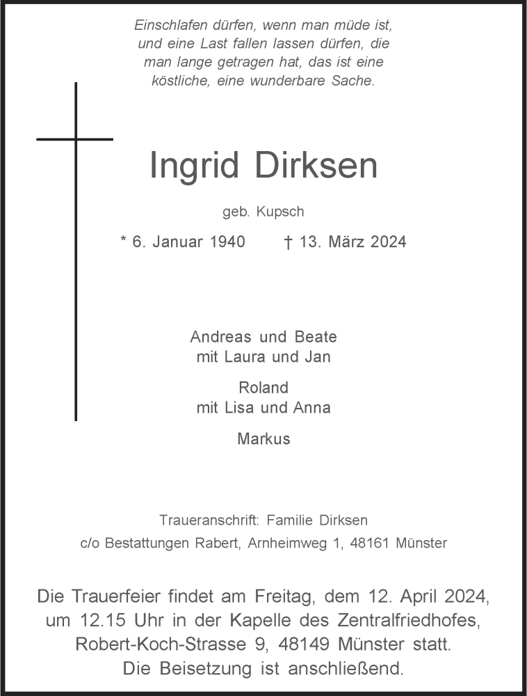  Traueranzeige für Ingrid Dirksen vom 06.04.2024 aus 
