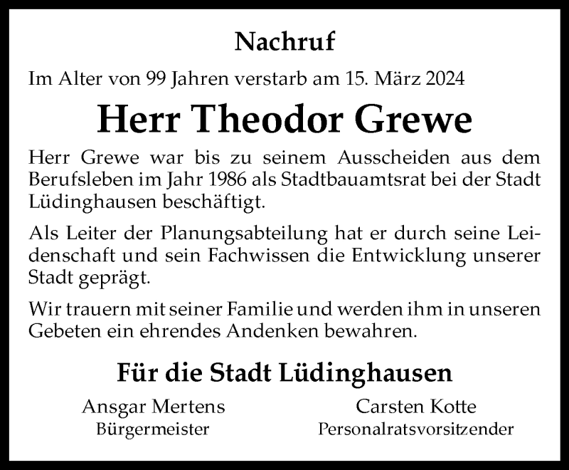  Traueranzeige für Theodor Grewe vom 18.04.2024 aus 