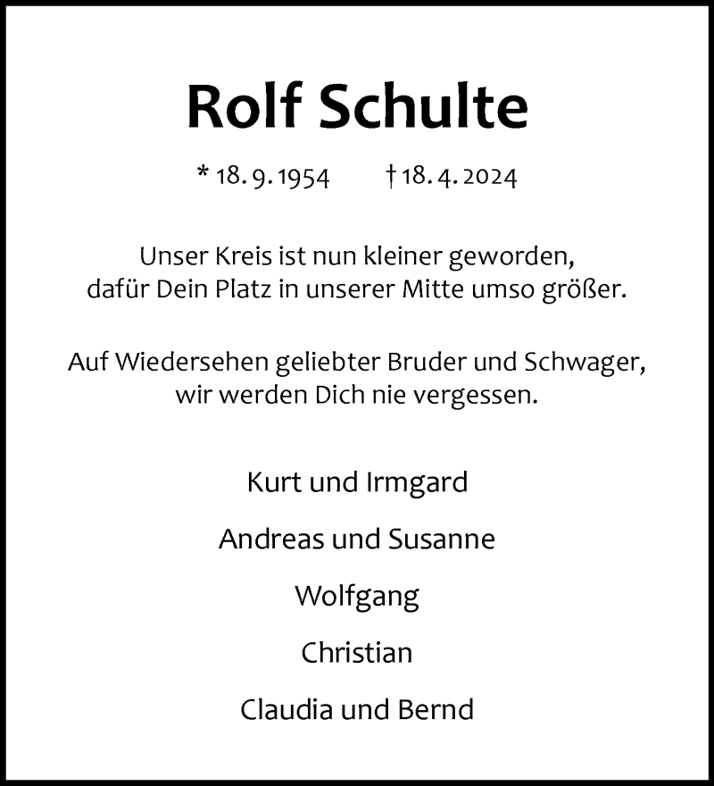 Traueranzeige für Rolf Schulte vom 24.04.2024 aus 