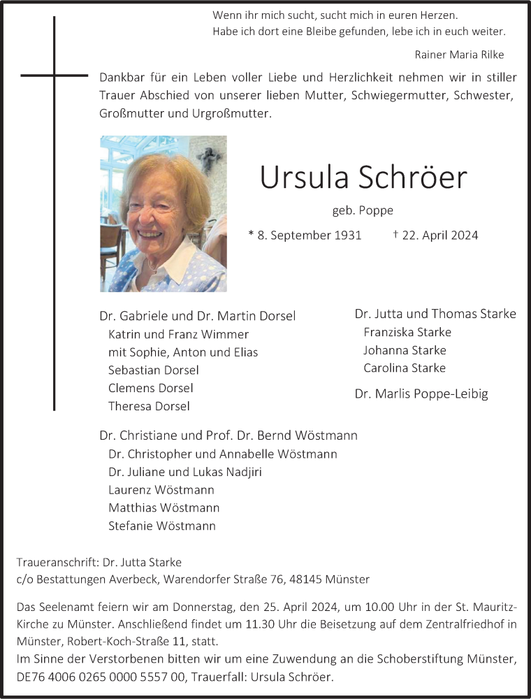  Traueranzeige für Ursula Schröer vom 24.04.2024 aus 