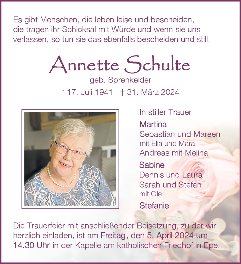  Traueranzeige für Annette Schulte vom 05.04.2024 aus 
