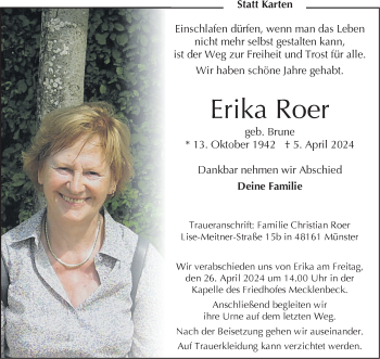 Anzeige von Erika Roer 