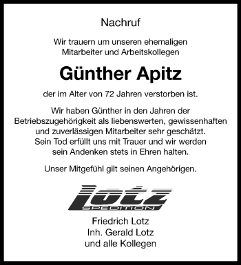 Anzeige von Günther Apitz 