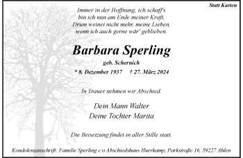 Anzeige von Barbara Sperling 