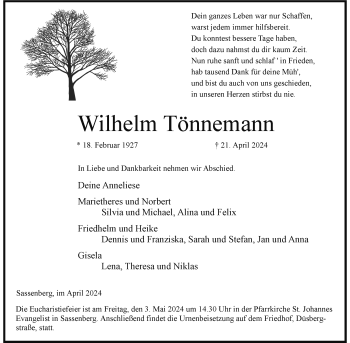 Anzeige von Wilhelm Tönnemann 