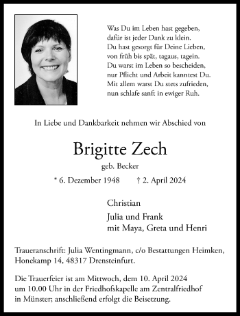 Anzeige von Brigitte Zech 