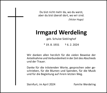 Anzeige von Irmgard Werdeling 