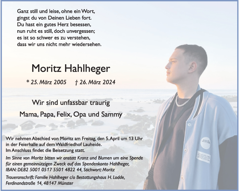 Traueranzeige für Moritz Hahlheger vom 03.04.2024 aus 