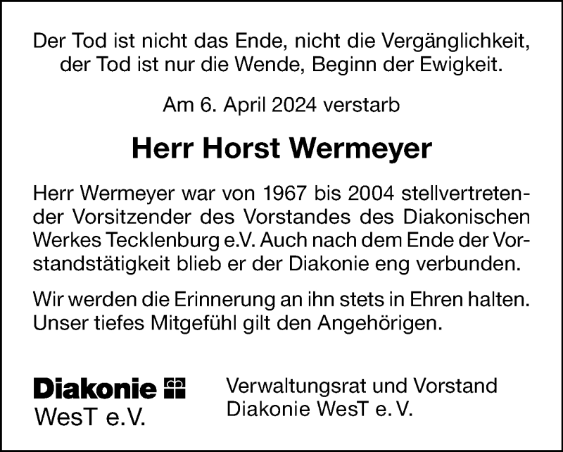  Traueranzeige für Horst Wermeyer vom 18.04.2024 aus 
