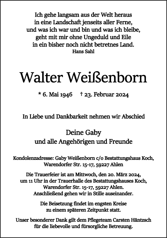 Anzeige von Walter Weißenborn von Westfälische Nachrichten
