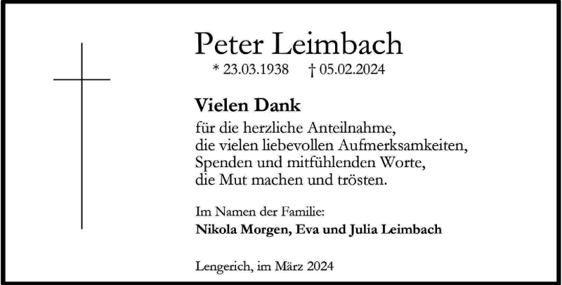  Traueranzeige für Peter Leimbach vom 29.03.2024 aus 