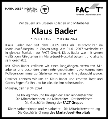 Anzeige von Klaus Bader 