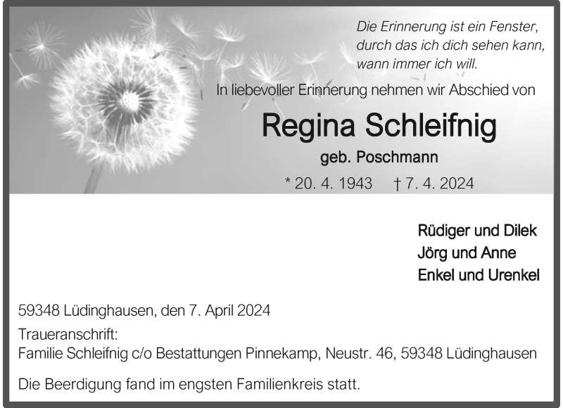  Traueranzeige für Regina Schleifnig vom 17.04.2024 aus 