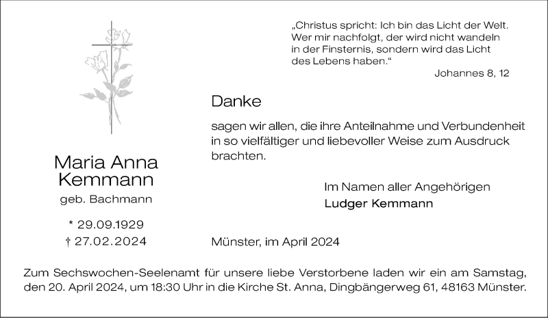  Traueranzeige für Maria Anna Kemmann vom 17.04.2024 aus 