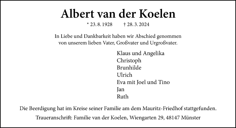  Traueranzeige für Albert van der Koelen vom 20.04.2024 aus 