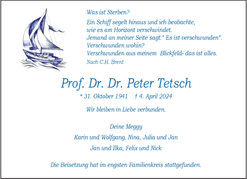  Traueranzeige für Prof. Dr. Dr. Peter Tetsch vom 20.04.2024 aus 