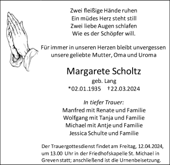 Anzeige von Margarete Scholtz 