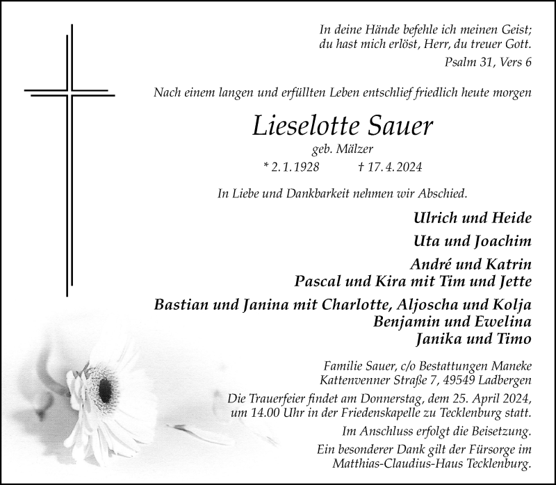  Traueranzeige für Lieselotte Sauer vom 20.04.2024 aus 