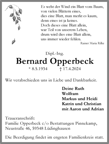 Anzeige von Bernard Opperbeck 