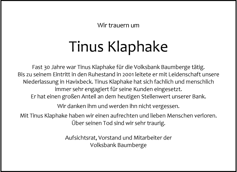  Traueranzeige für Tinus Klaphake vom 20.04.2024 aus 
