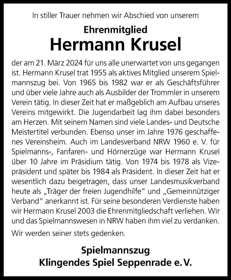 Traueranzeige für Hermann Krusel vom 20.04.2024 aus 
