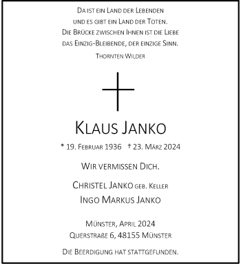 Anzeige von Klaus Janko 