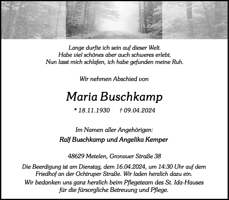  Traueranzeige für Maria Buschkamp vom 12.04.2024 aus 