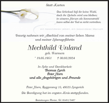 Anzeige von Mechthild Unland 