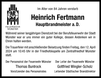Anzeige von Heinrich Fertmann 