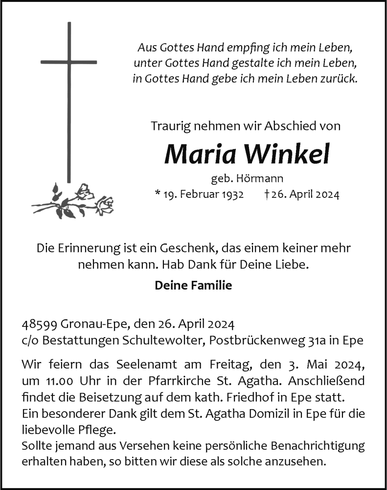  Traueranzeige für Maria Winkel vom 30.04.2024 aus 