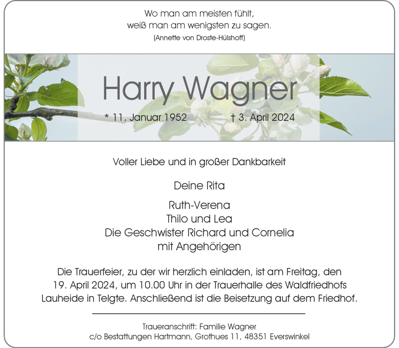  Traueranzeige für Harry Wagner vom 13.04.2024 aus 
