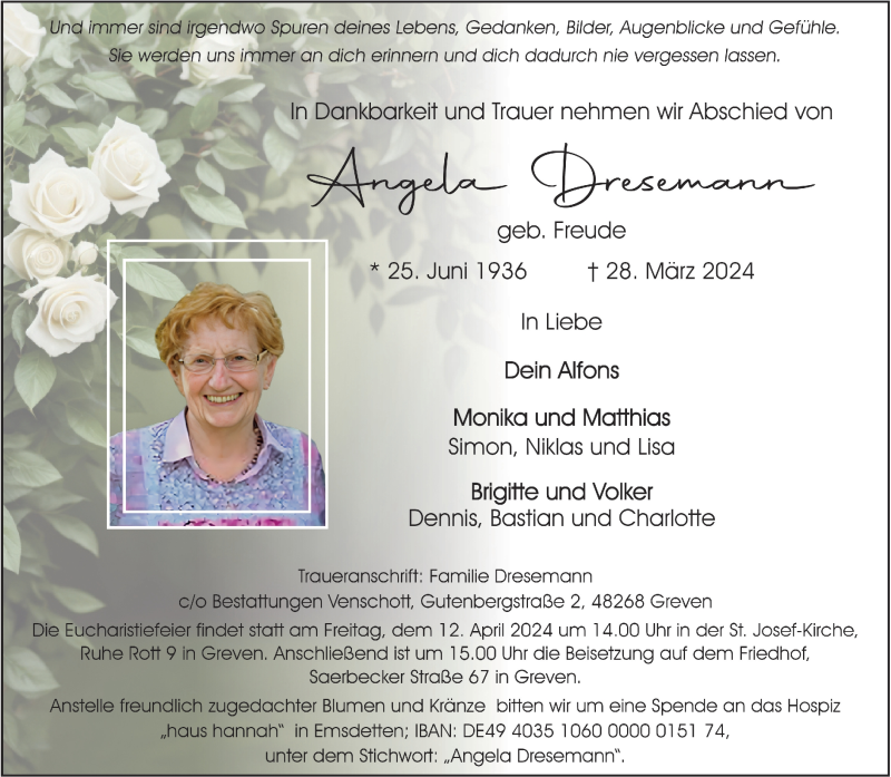  Traueranzeige für Angela Dresemann vom 06.04.2024 aus 