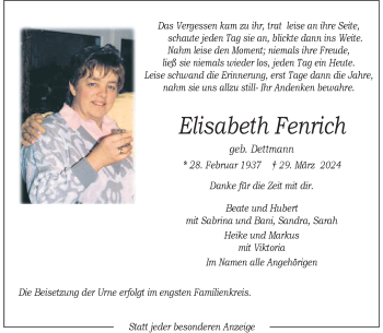 Anzeige von Elisabeth Fenrich 