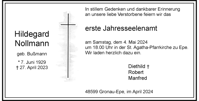  Traueranzeige für Hildegard Nollmann vom 27.04.2024 aus 