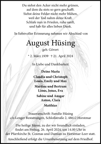 Anzeige von August Hüsing 