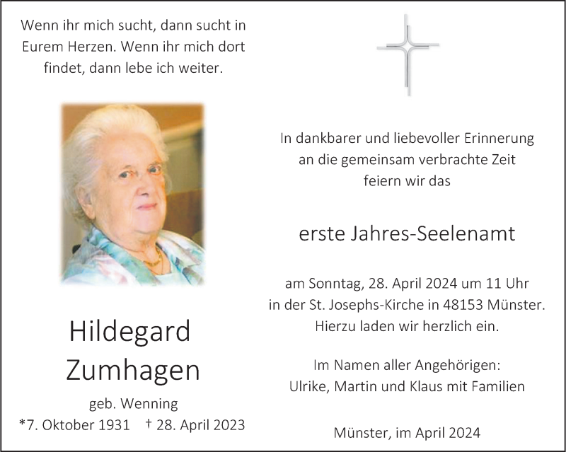 Traueranzeige für Hildegard Zumhagen vom 20.04.2024 aus 