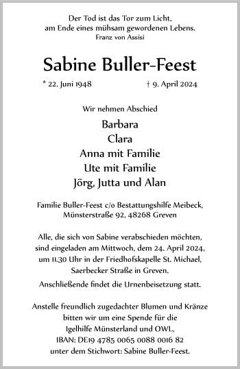 Anzeige von Sabine Buller-Feest 