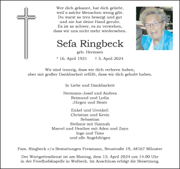 Anzeige von Sefa Ringbeck 